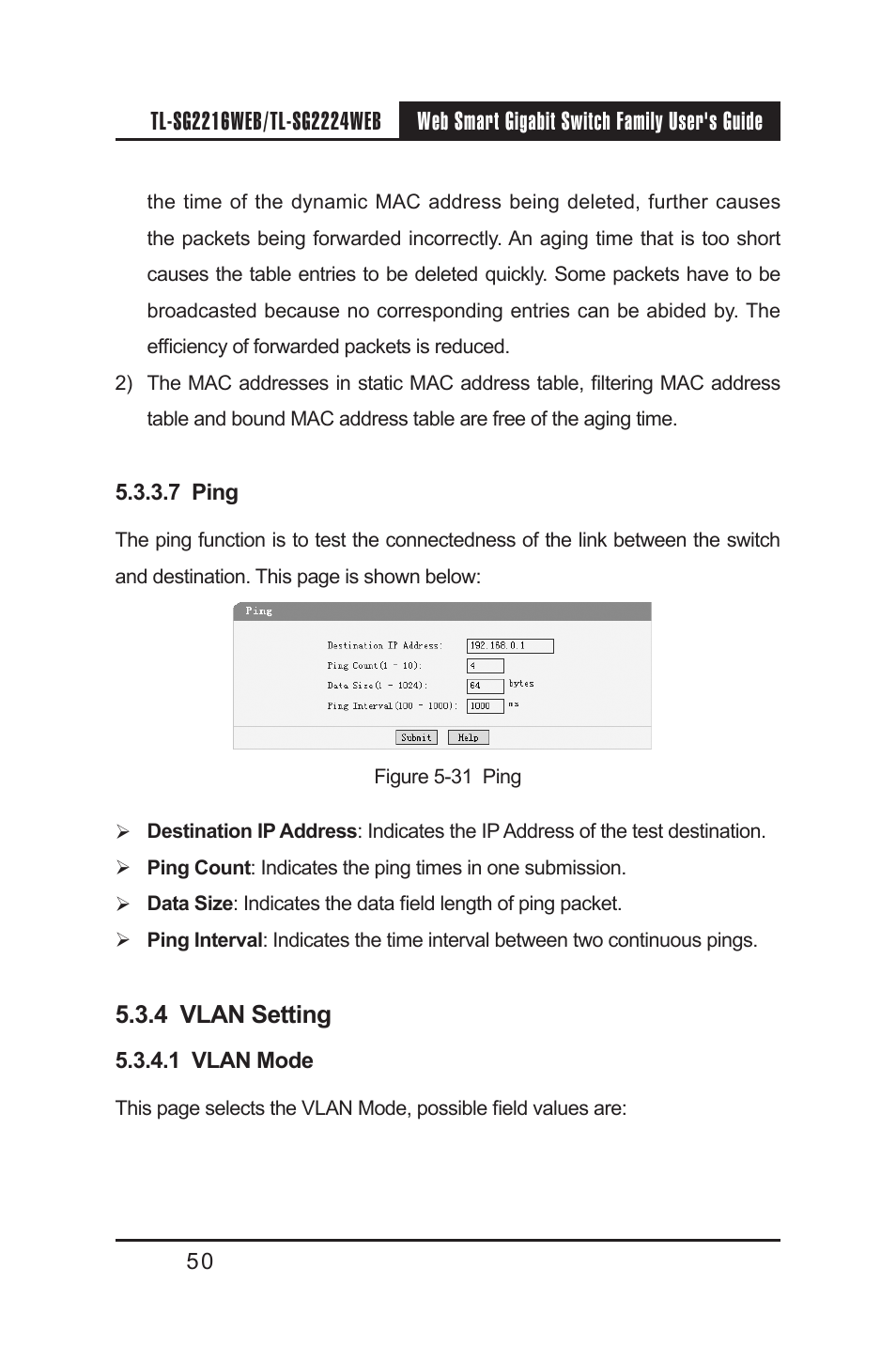 7 ping, 4 vlan setting, 1 vlan mode | 7 ping 5.3.4 vlan setting 5.3.4.1 vlan mode | TP-Link TL-SG2224WEB User Manual | Page 57 / 75