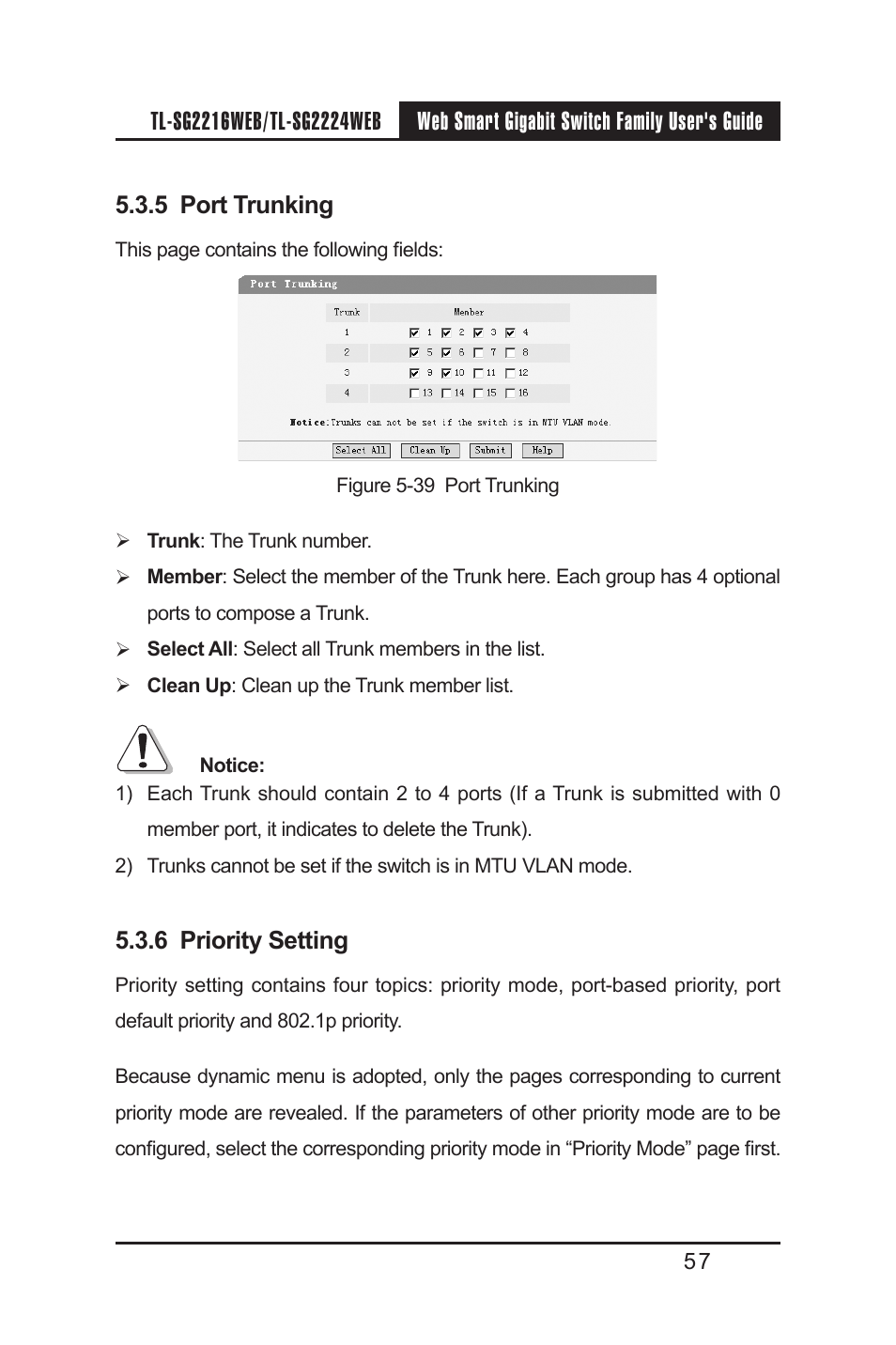 5 port trunking, 6 priority setting, 5 port trunking 5.3.6 priority setting | TP-Link TL-SG2224WEB User Manual | Page 64 / 75