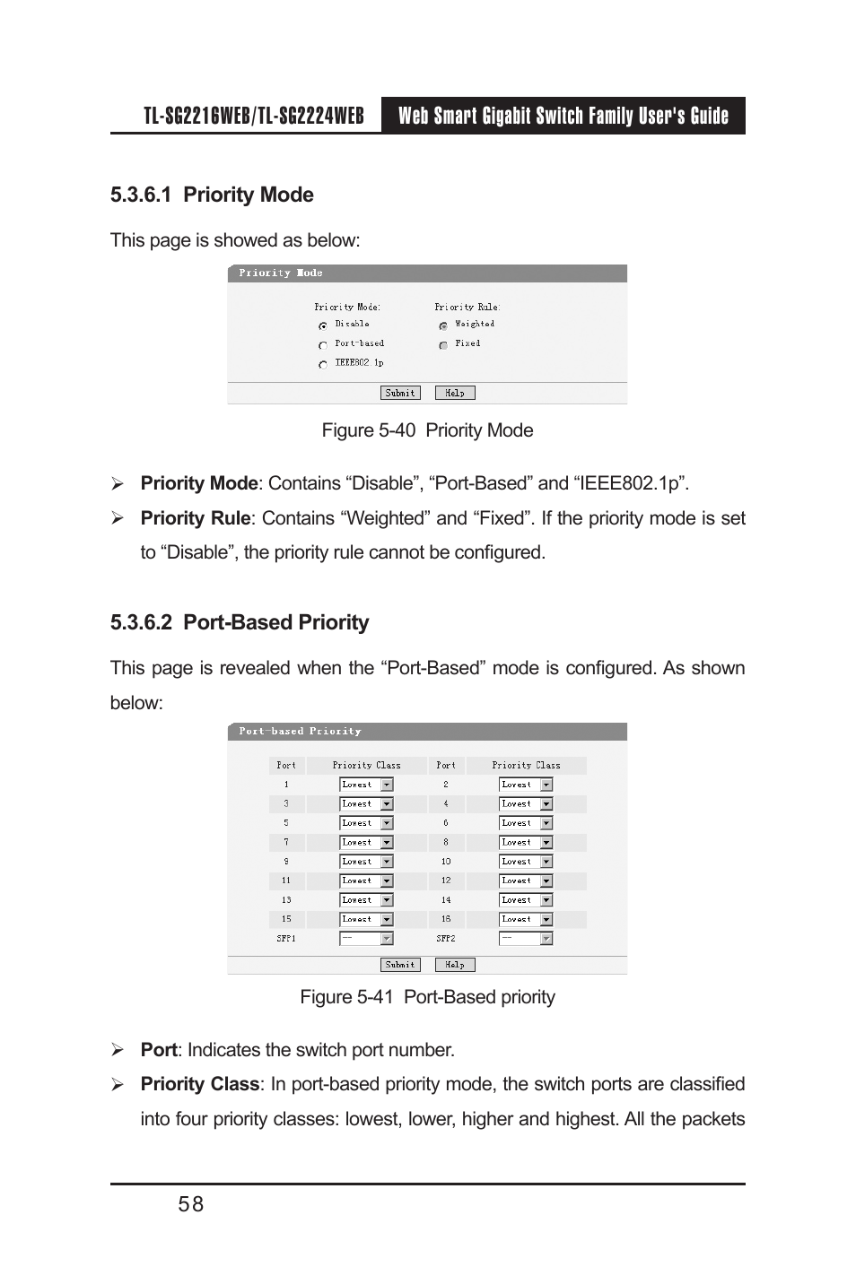 1 priority mode, 2 port-based priority, 1 priority mode 5.3.6.2 port-based priority | TP-Link TL-SG2224WEB User Manual | Page 65 / 75
