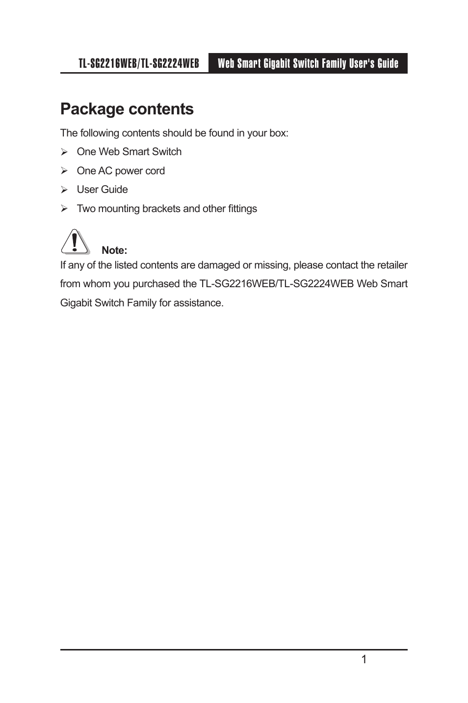Package contents | TP-Link TL-SG2224WEB User Manual | Page 8 / 75