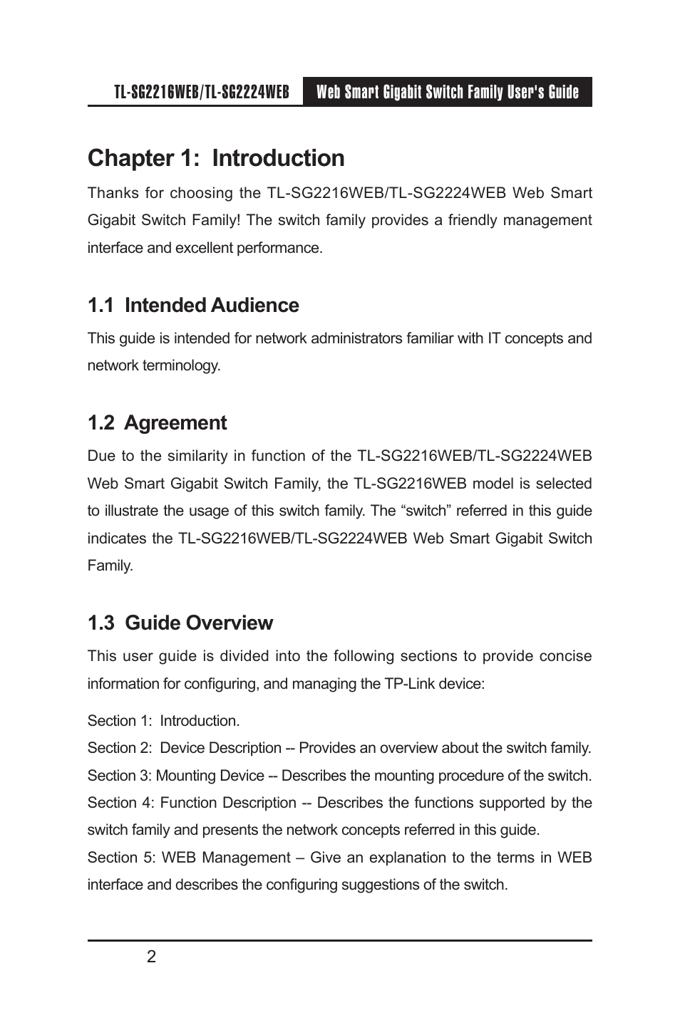 Chapter 1: introduction, 1 intended audience, 2 agreement | 3 guide overview | TP-Link TL-SG2224WEB User Manual | Page 9 / 75
