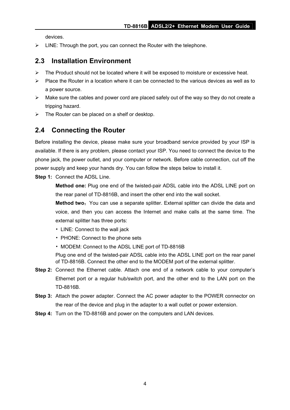 3 installation environment, 4 connecting the router, Installation environment | Connecting the router | TP-Link TD-8816B User Manual | Page 10 / 54