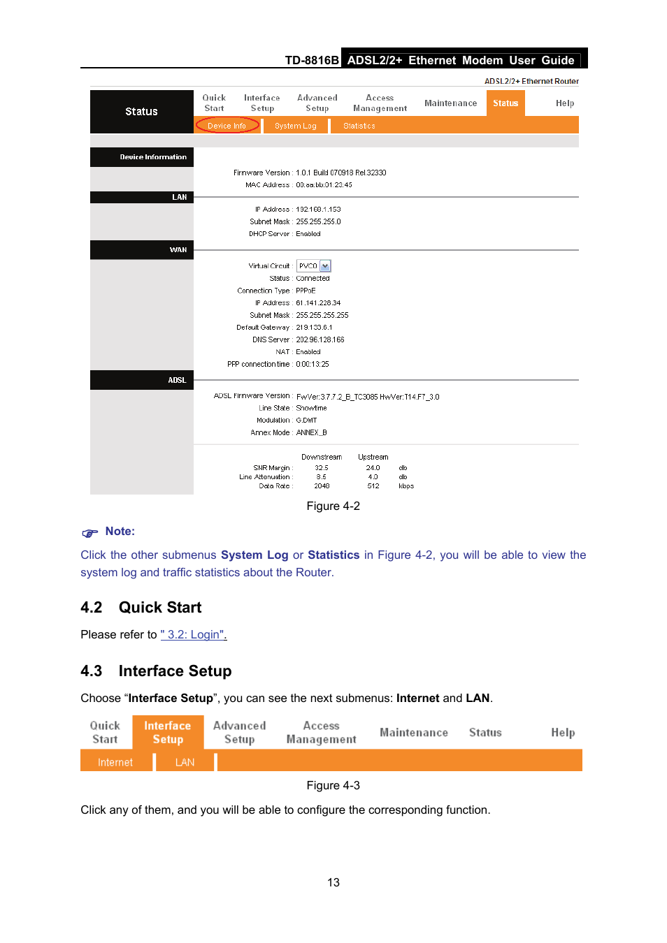 2 quick start, 3 interface setup, Quick start | Interface setup | TP-Link TD-8816B User Manual | Page 19 / 54