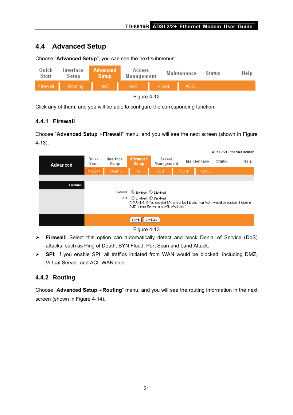 4 advanced setup, 1 firewall, 2 routing | Advanced setup, Firewall, Routing | TP-Link TD-8816B User Manual | Page 27 / 54