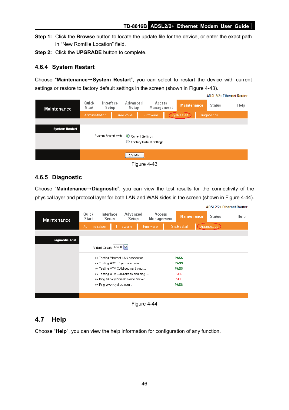 4 system restart, 5 diagnostic, 7 help | System restart, Diagnostic, Help | TP-Link TD-8816B User Manual | Page 52 / 54