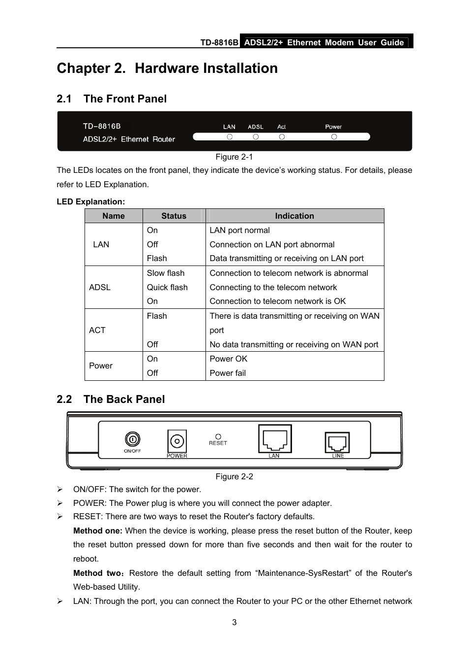 Chapter 2. hardware installation, 1 the front panel, 2 the back panel | Chapter 2, Hardware installation, The front panel, The back panel | TP-Link TD-8816B User Manual | Page 9 / 54