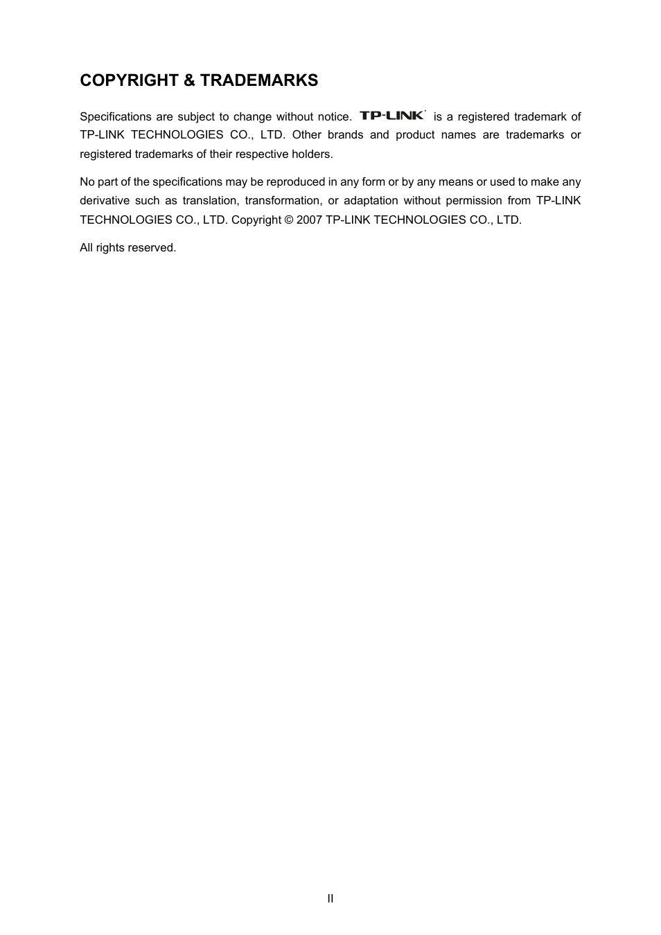 Copyright & trademarks | TP-Link External ADSL ROUTER TD-8810B User Manual | Page 2 / 35