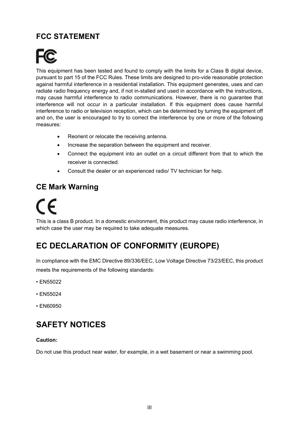 Ec declaration of conformity (europe), Safety notices, Fcc statement | Ce mark warning | TP-Link External ADSL ROUTER TD-8810B User Manual | Page 3 / 35