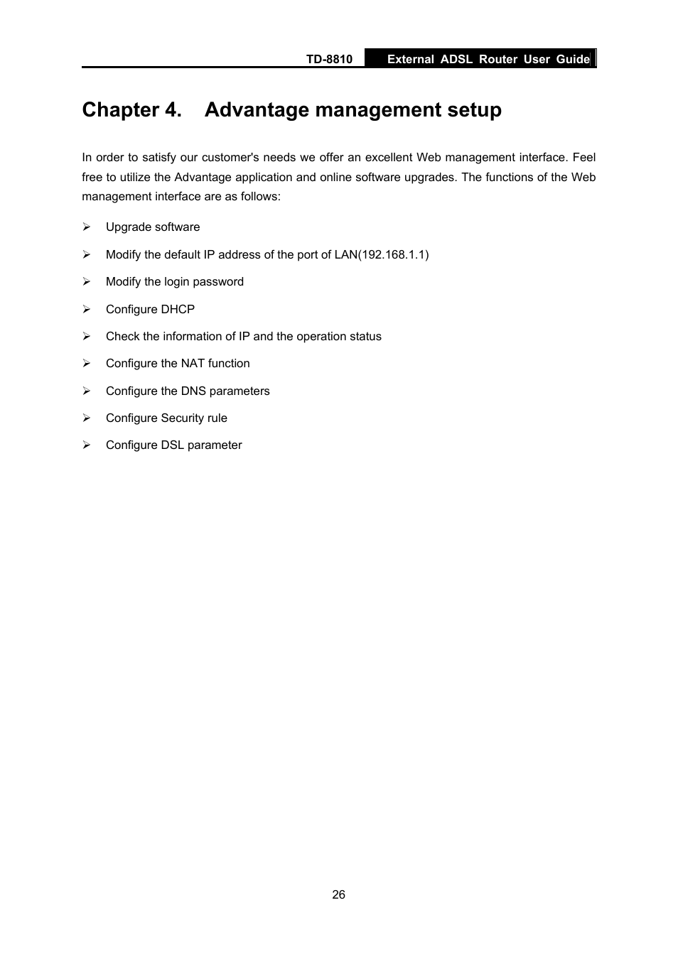 Chapter 4. advantage management setup | TP-Link External ADSL ROUTER TD-8810B User Manual | Page 31 / 35