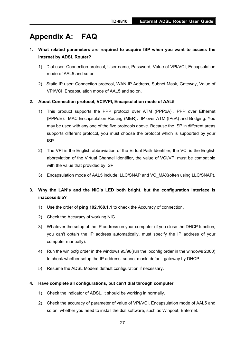 Appendix a: faq | TP-Link External ADSL ROUTER TD-8810B User Manual | Page 32 / 35