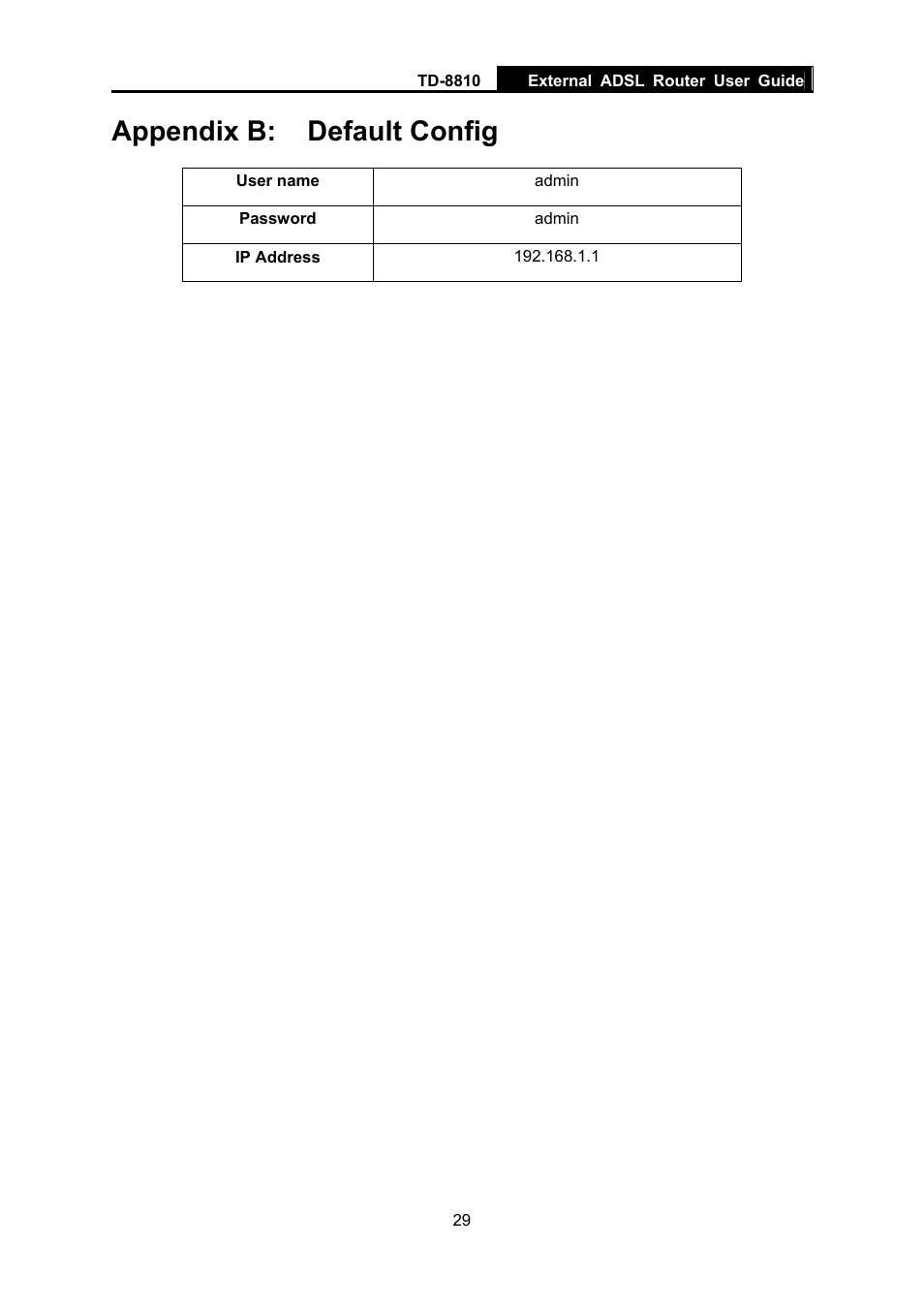 Appendix b: default config | TP-Link External ADSL ROUTER TD-8810B User Manual | Page 34 / 35