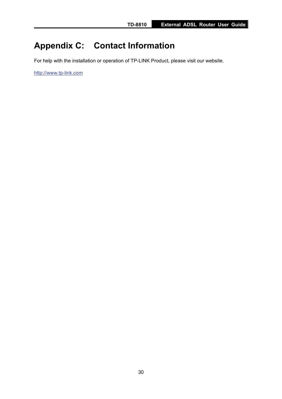 Appendix c: contact information | TP-Link External ADSL ROUTER TD-8810B User Manual | Page 35 / 35