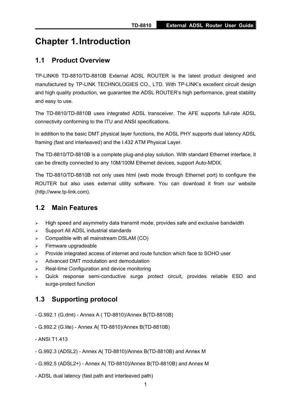 Chapter 1. introduction, 1 product overview, 2 main features | 3 supporting protocol | TP-Link External ADSL ROUTER TD-8810B User Manual | Page 6 / 35
