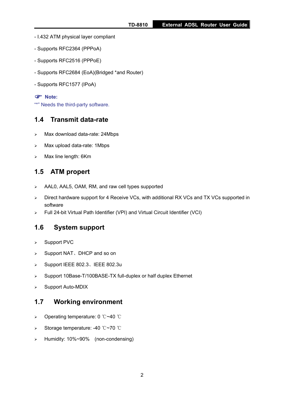 4 transmit data-rate, 5 atm propert, 6 system support | 7 working environment | TP-Link External ADSL ROUTER TD-8810B User Manual | Page 7 / 35