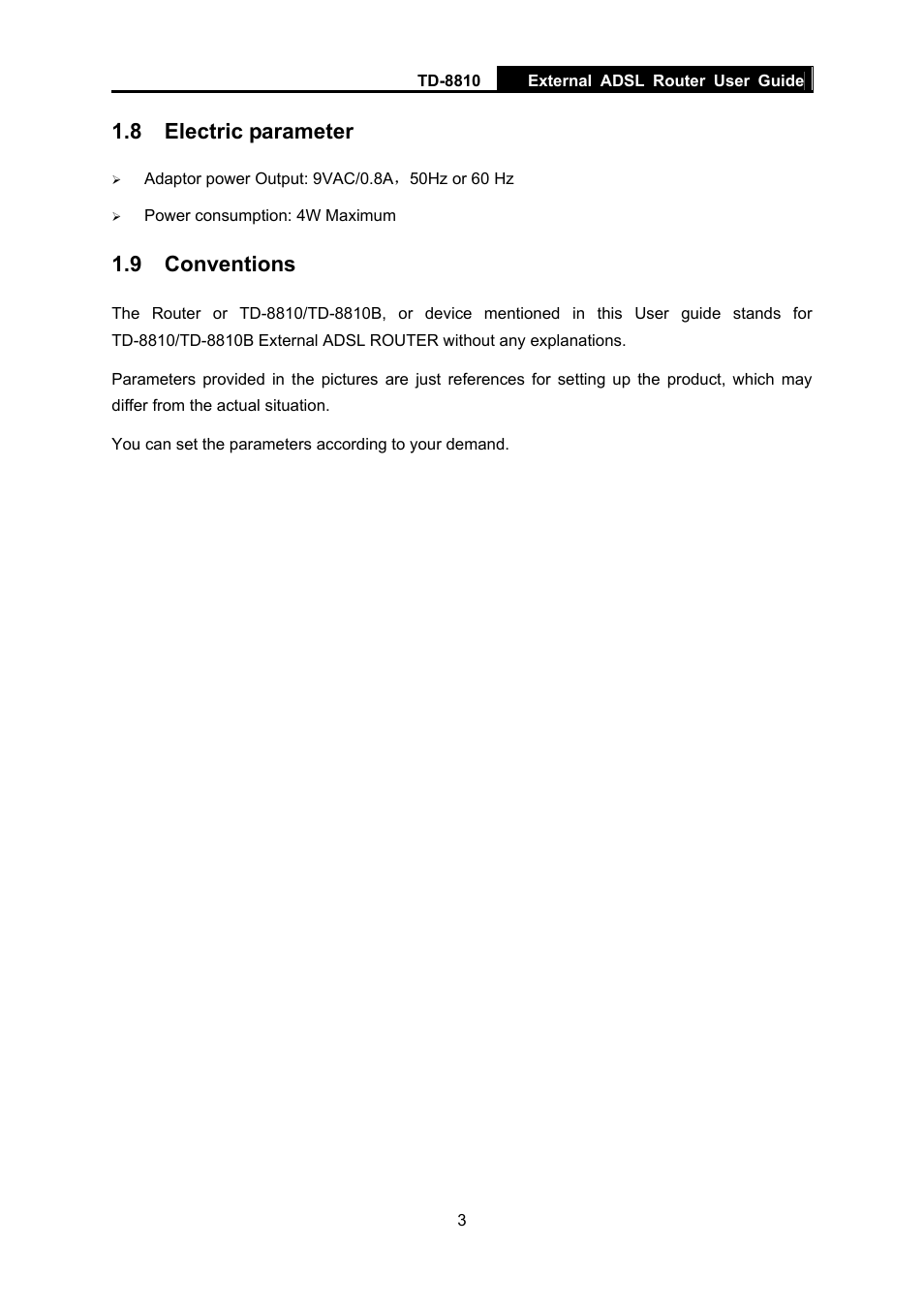 8 electric parameter, 9 conventions | TP-Link External ADSL ROUTER TD-8810B User Manual | Page 8 / 35