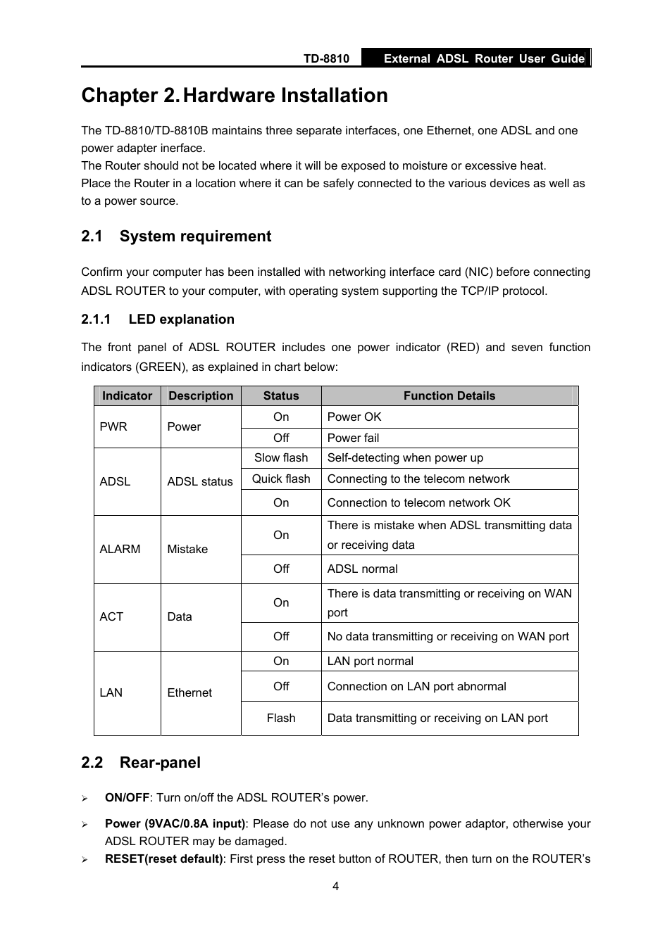 Chapter 2. hardware installation, 1 system requirement, 1 led explanation | 2 rear-panel | TP-Link External ADSL ROUTER TD-8810B User Manual | Page 9 / 35