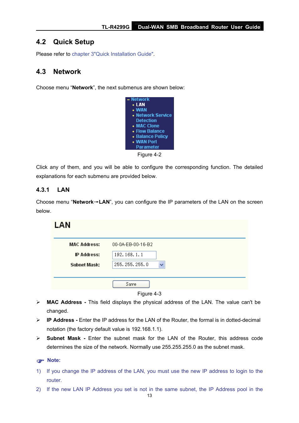 2 quick setup, 3 network, 1 lan | Quick setup, Network | TP-Link TL-R4299G User Manual | Page 19 / 87