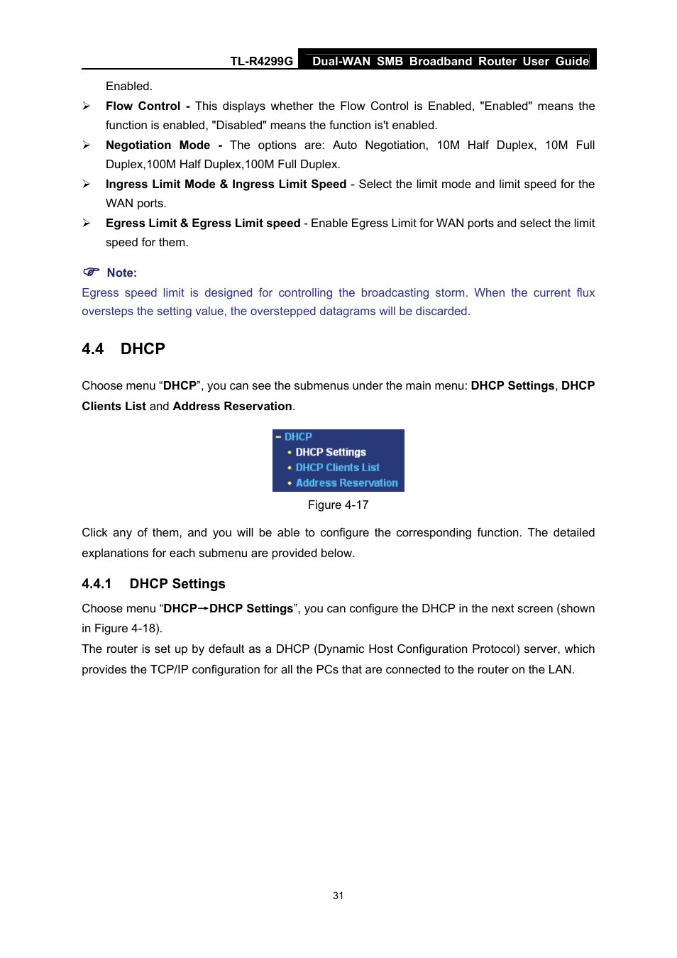 4 dhcp, 1 dhcp settings, Dhcp | Dhcp settings | TP-Link TL-R4299G User Manual | Page 37 / 87