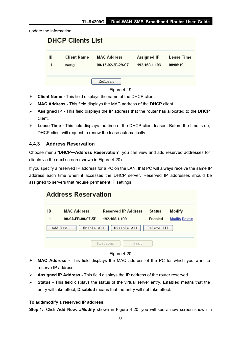 3 address reservation, Address reservation | TP-Link TL-R4299G User Manual | Page 39 / 87
