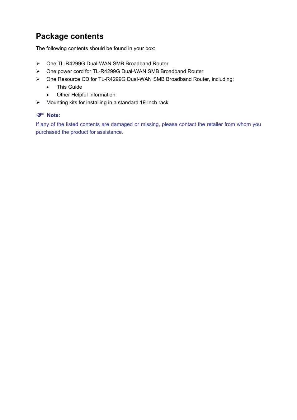 Package contents | TP-Link TL-R4299G User Manual | Page 4 / 87
