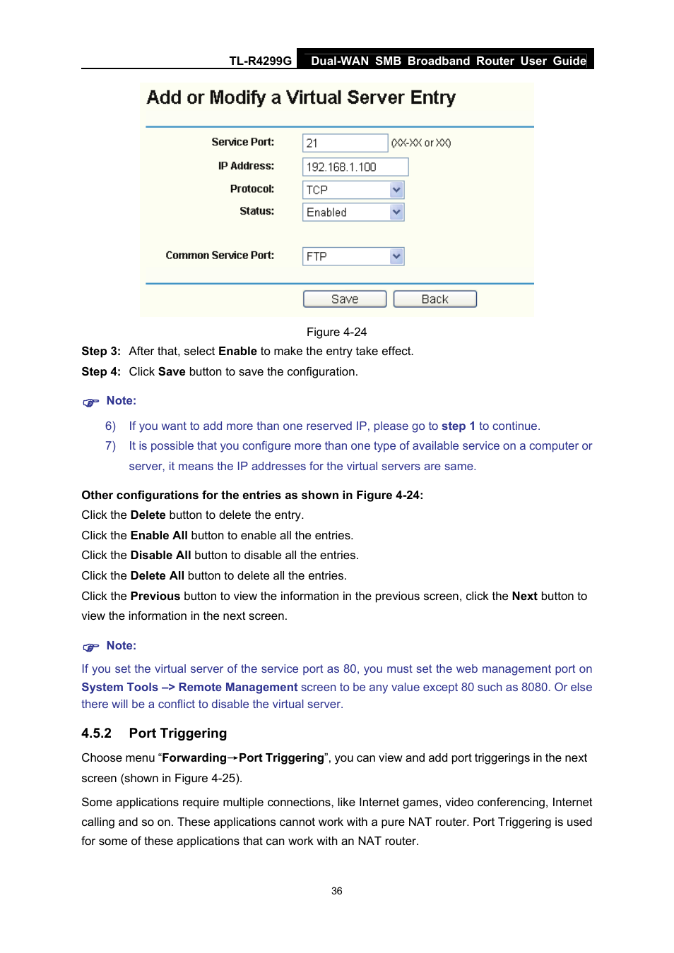 2 port triggering, Port triggering | TP-Link TL-R4299G User Manual | Page 42 / 87