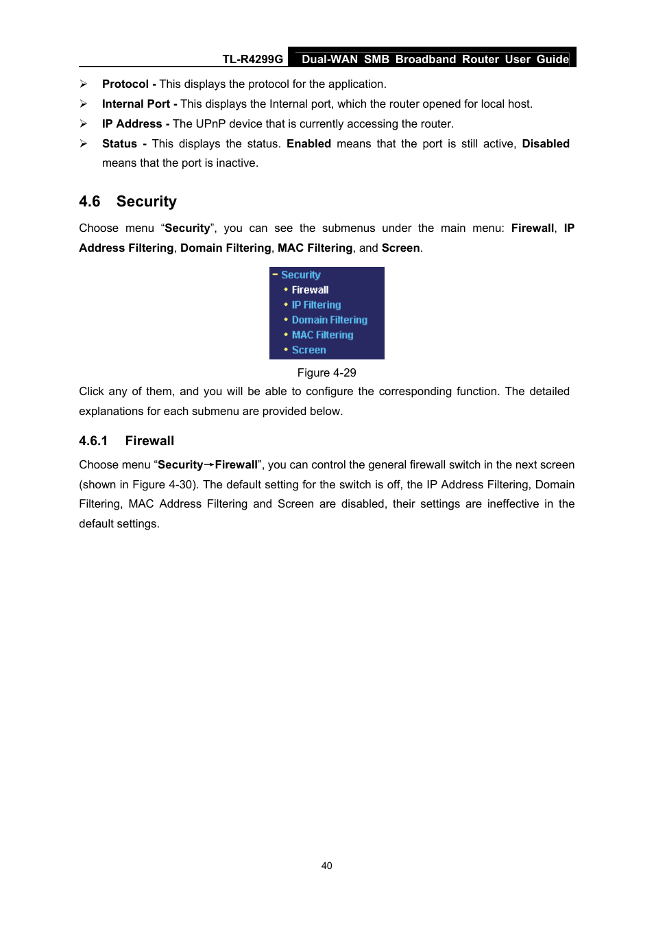 6 security, 1 firewall, Security | Firewall | TP-Link TL-R4299G User Manual | Page 46 / 87