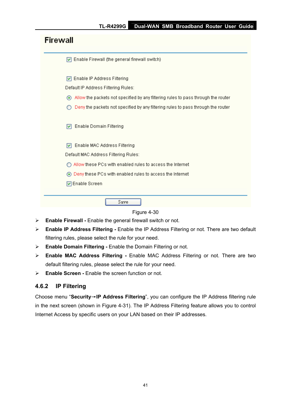2 ip filtering, Ip filtering | TP-Link TL-R4299G User Manual | Page 47 / 87