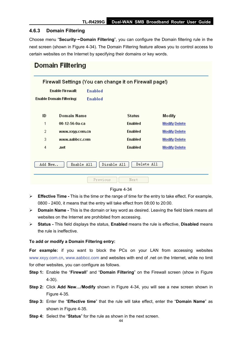 3 domain filtering, Domain filtering | TP-Link TL-R4299G User Manual | Page 50 / 87