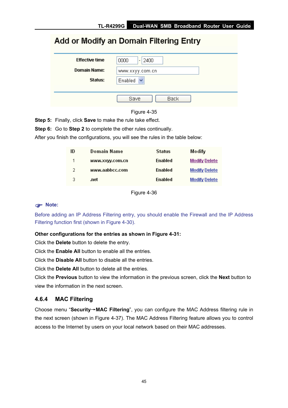 4 mac filtering, Mac filtering, Figure 4-35 | TP-Link TL-R4299G User Manual | Page 51 / 87