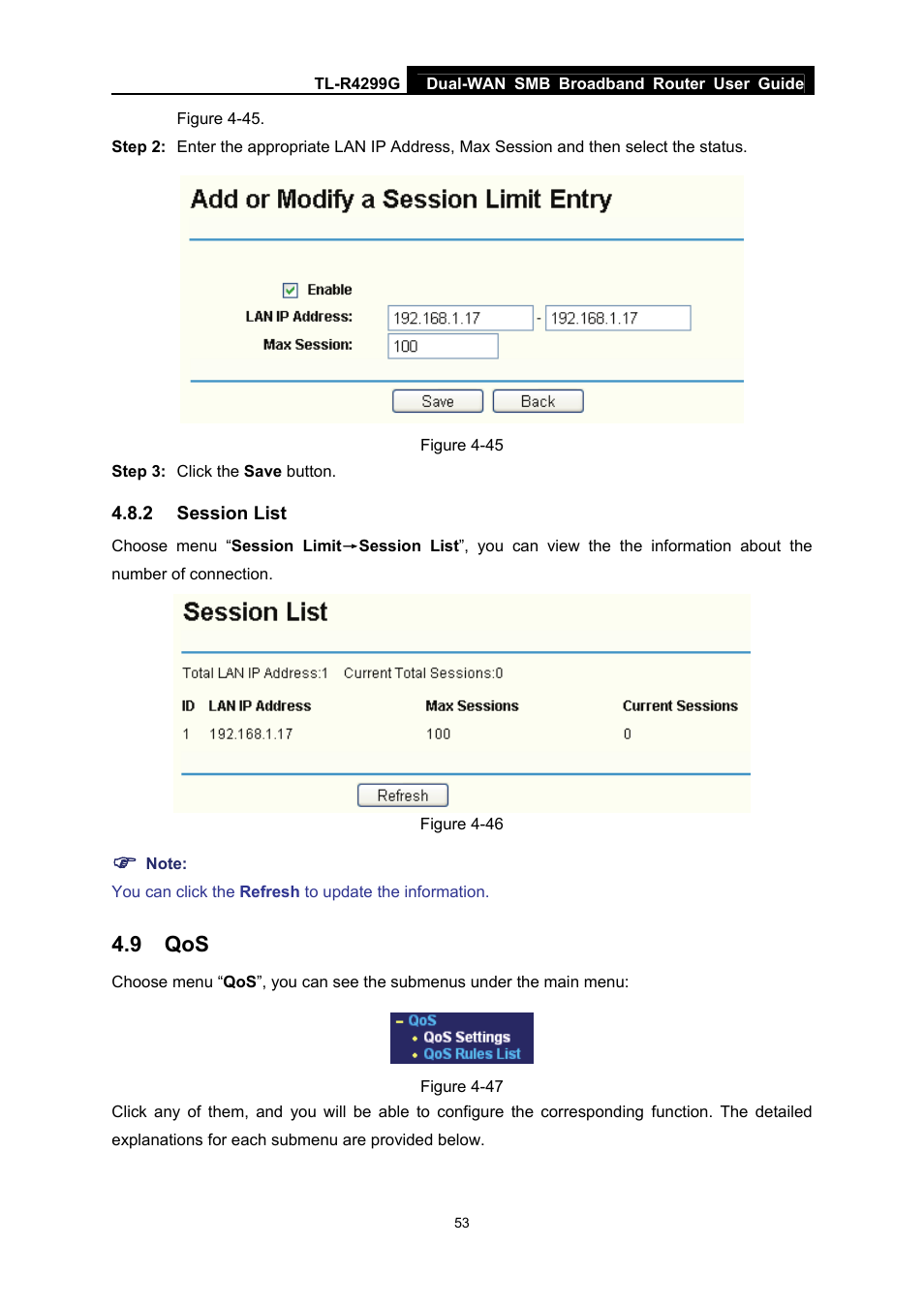 2 session list, 9 qos, Session list | TP-Link TL-R4299G User Manual | Page 59 / 87