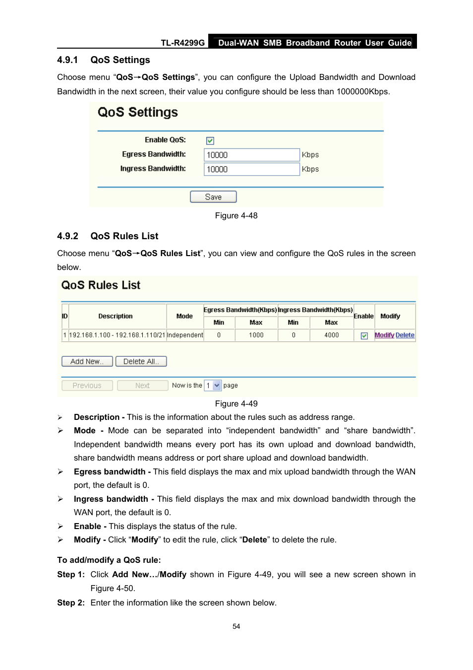 1 qos settings, 2 qos rules list, Qos settings | Qos rules list | TP-Link TL-R4299G User Manual | Page 60 / 87