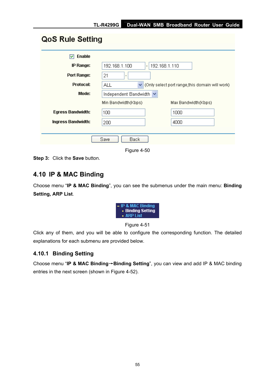 10 ip & mac binding, 1 binding setting, Ip & mac binding | Binding setting | TP-Link TL-R4299G User Manual | Page 61 / 87
