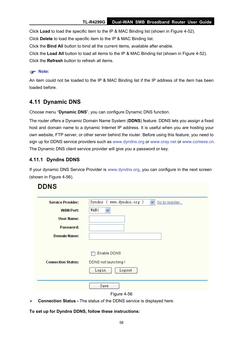 11 dynamic dns, 1 dyndns ddns, Dynamic dns | Dyndns ddns | TP-Link TL-R4299G User Manual | Page 64 / 87