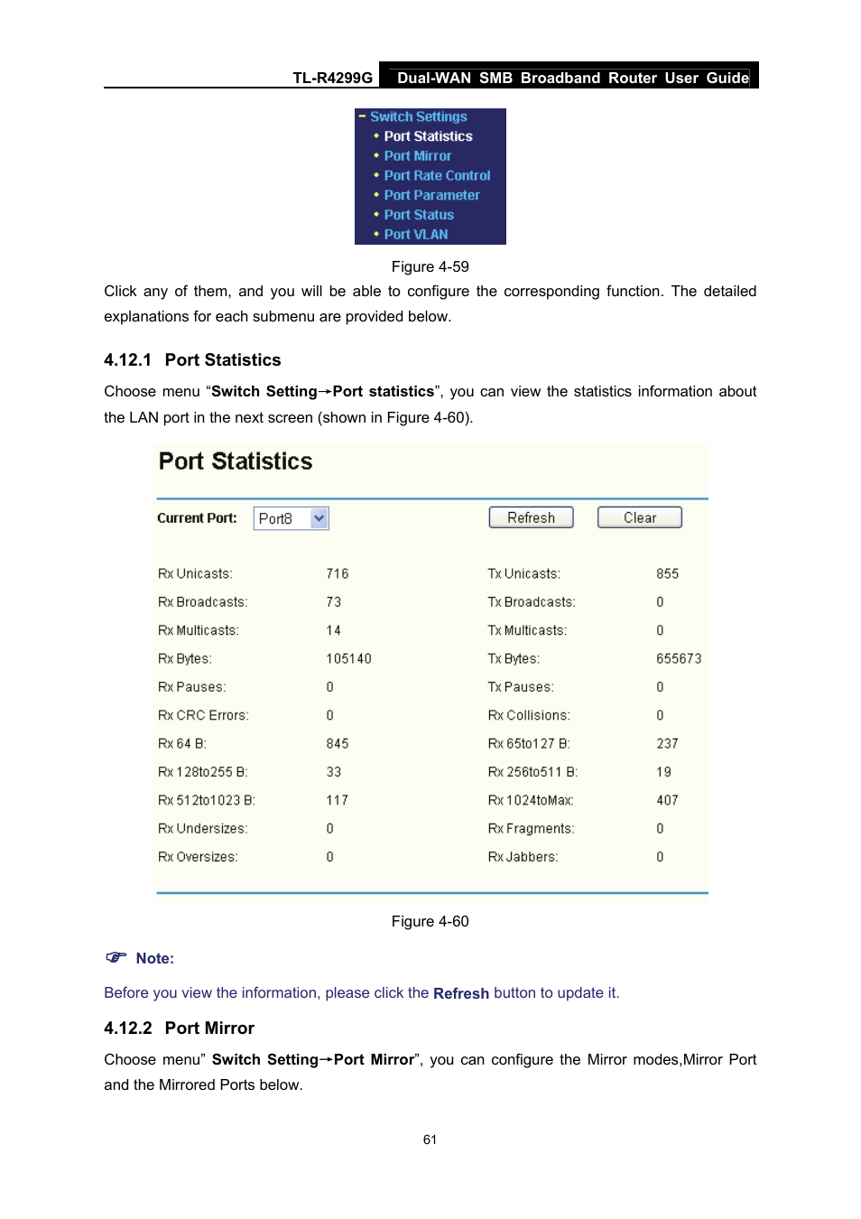 1 port statistics, 2 port mirror, Port statistics | Port mirror | TP-Link TL-R4299G User Manual | Page 67 / 87