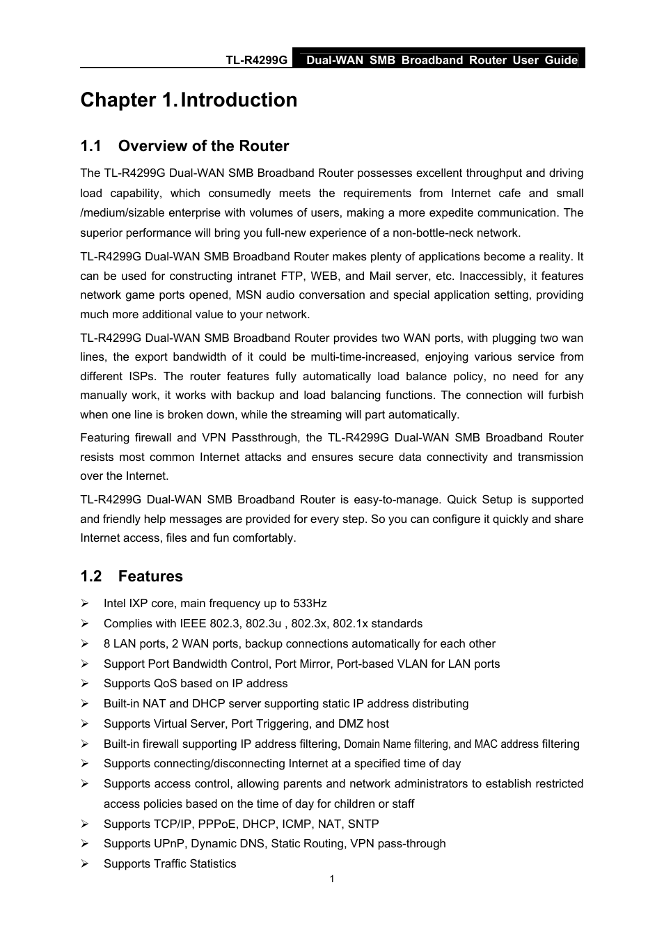Chapter 1. introduction, 1 overview of the router, 2 features | Chapter 1, Introduction, Overview of the router, Features | TP-Link TL-R4299G User Manual | Page 7 / 87