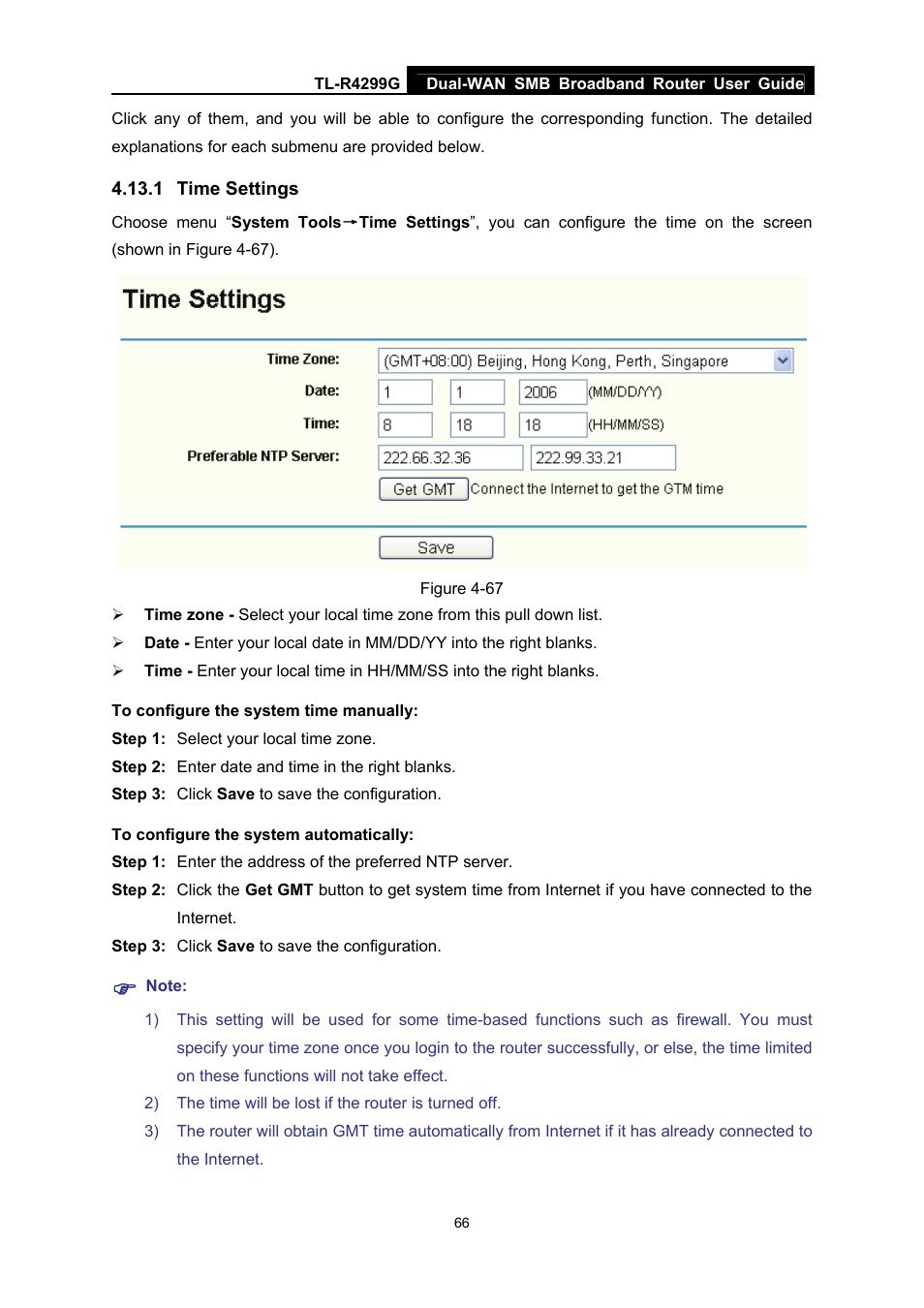 1 time settings, Time settings | TP-Link TL-R4299G User Manual | Page 72 / 87