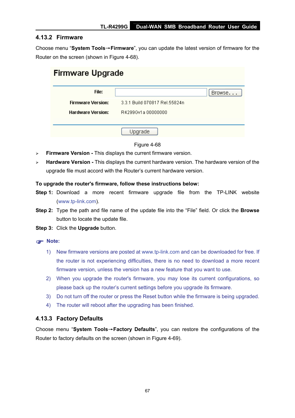 2 firmware, 3 factory defaults, Firmware | Factory defaults | TP-Link TL-R4299G User Manual | Page 73 / 87