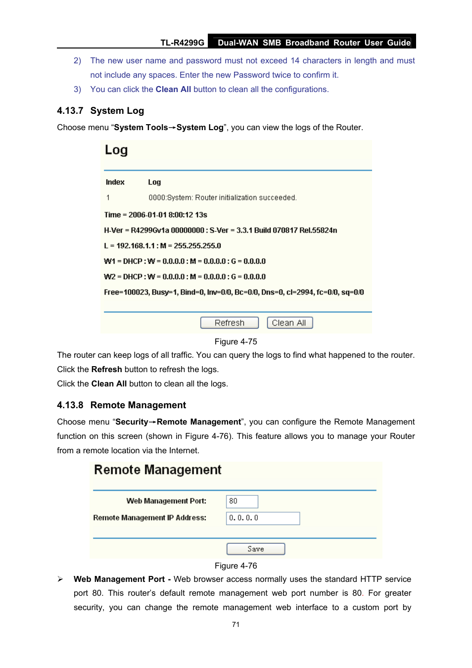7 system log, 8 remote management, System log | Remote management | TP-Link TL-R4299G User Manual | Page 77 / 87
