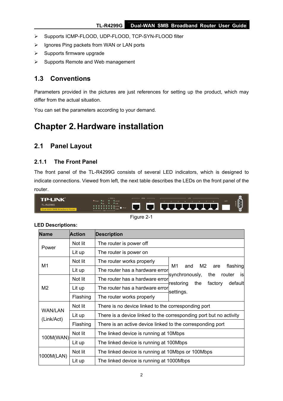 3 conventions, Chapter 2. hardware installation, 1 panel layout | 1 the front panel, Conventions, Chapter 2, Hardware installation, Panel layout, The front panel | TP-Link TL-R4299G User Manual | Page 8 / 87