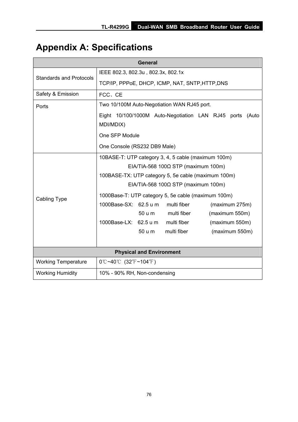 Appendix a: specifications | TP-Link TL-R4299G User Manual | Page 82 / 87