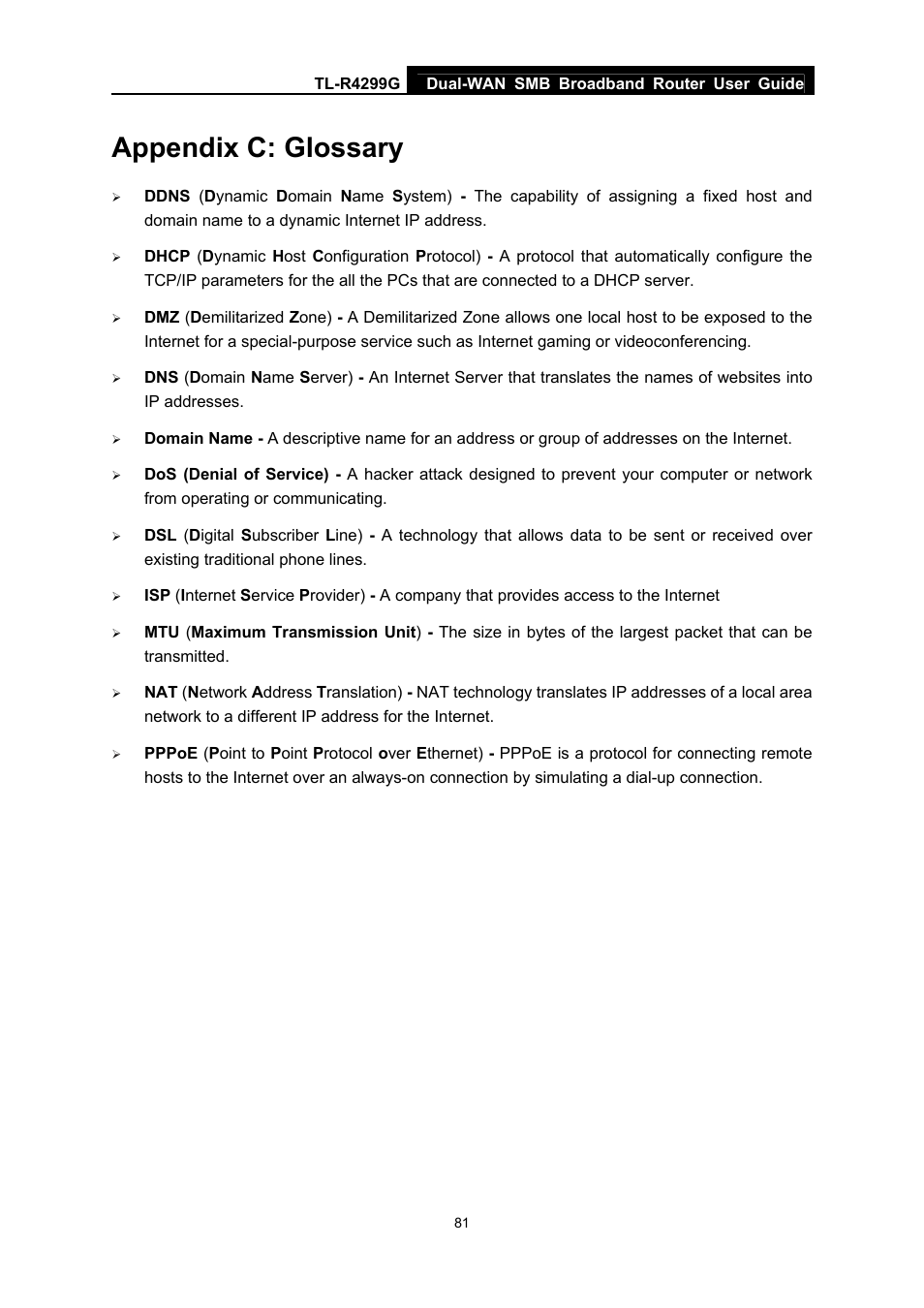 Appendix c: glossary | TP-Link TL-R4299G User Manual | Page 87 / 87