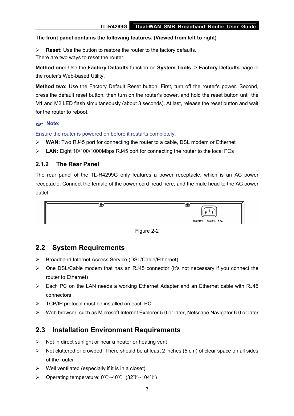 2 the rear panel, 2 system requirements, 3 installation environment requirements | The rear panel, System requirements, Installation environment requirements | TP-Link TL-R4299G User Manual | Page 9 / 87