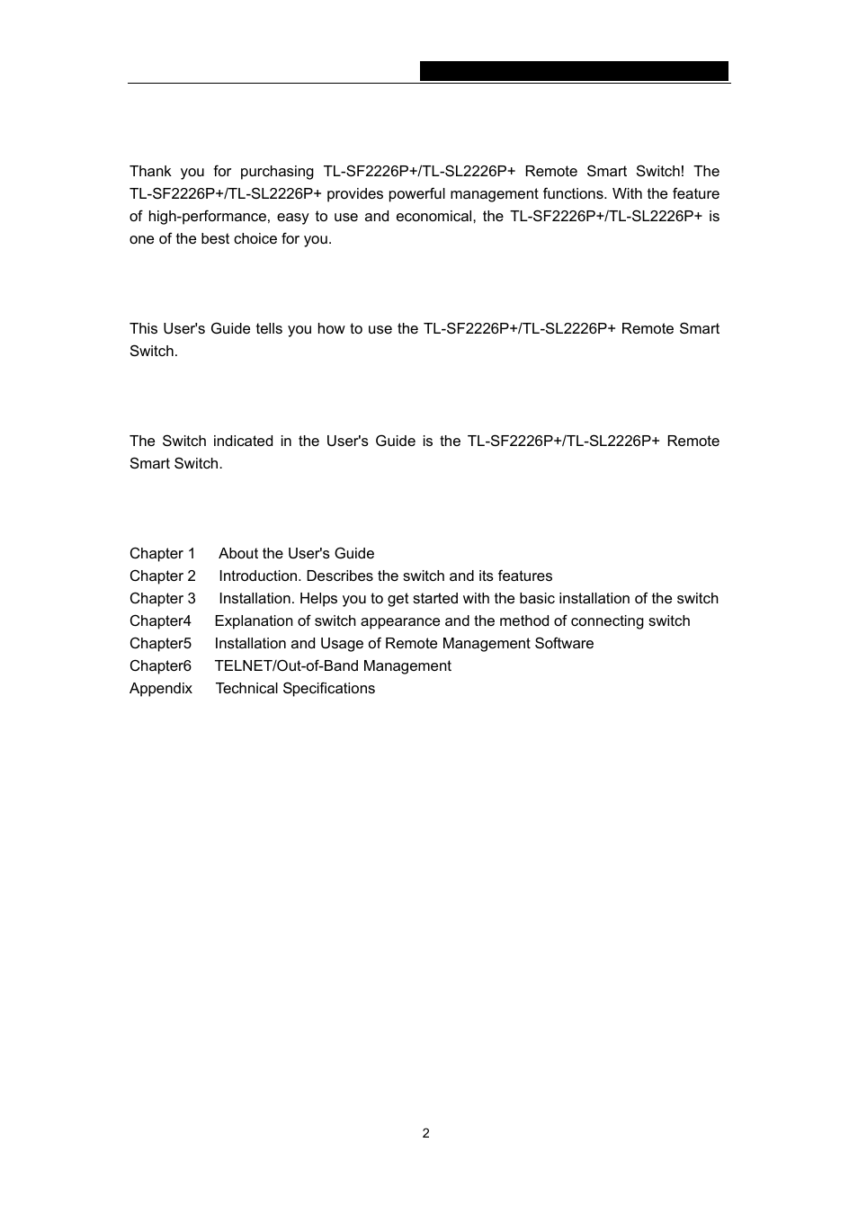 Chapter 1: about this user's guide, 1 usage, 2 assumpsit | 3 overview of this user's guide | TP-Link TL-SF2226P User Manual | Page 5 / 37