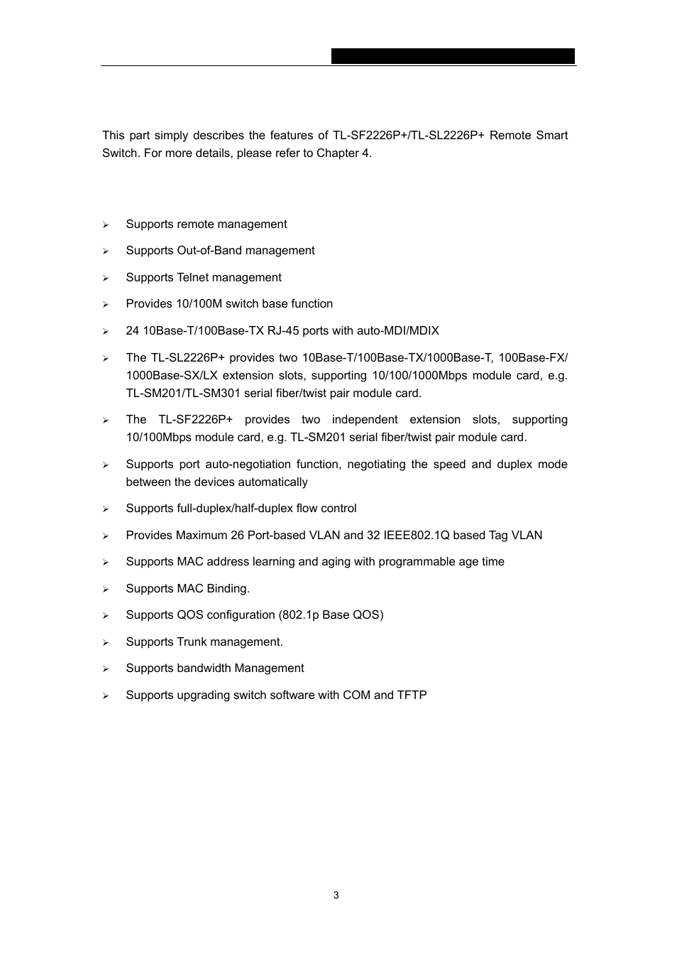 Chapter 2: introduction, 1 features | TP-Link TL-SF2226P User Manual | Page 6 / 37