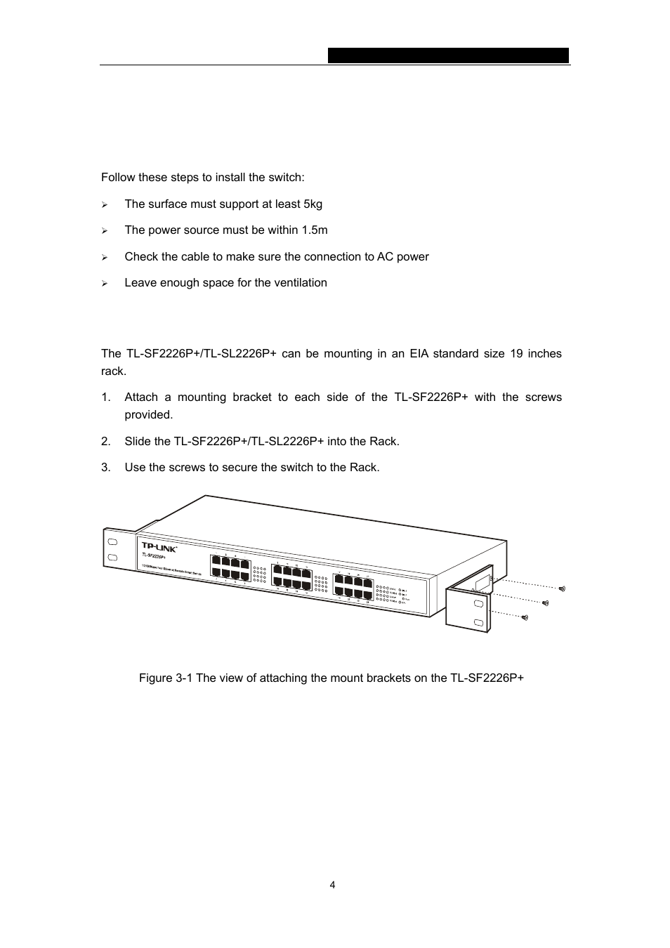 Chapter 3: installation, 1 installation, 2 rack installation | 1 installation 3.2 rack installation | TP-Link TL-SF2226P User Manual | Page 7 / 37