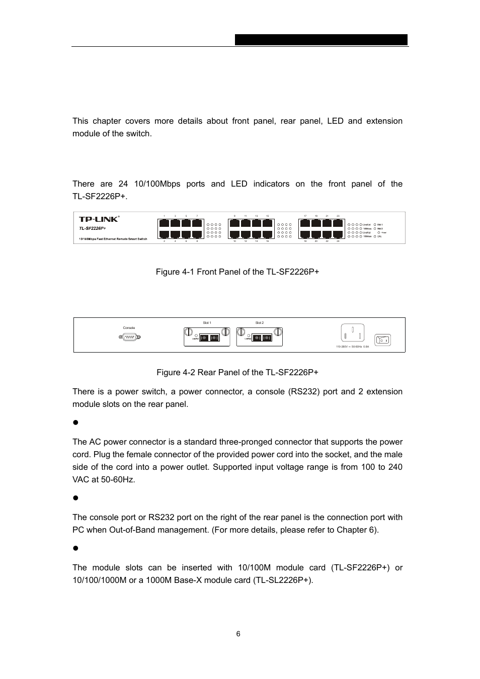 1 front panel, 2 rear panel, 1 front panel 4.2 rear panel | TP-Link TL-SF2226P User Manual | Page 9 / 37