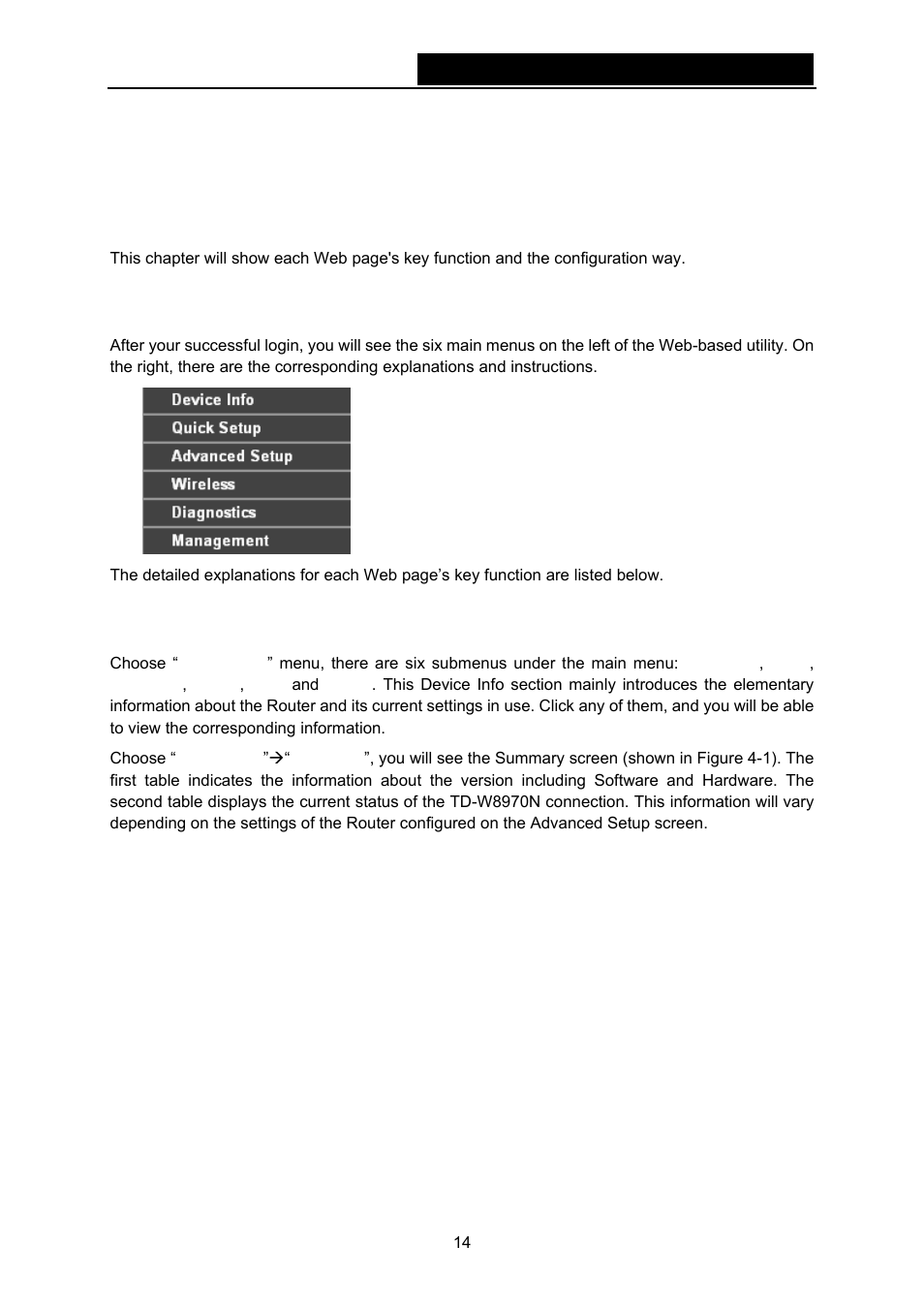 Chapter 4. configuring the router, 1 login, 2 device info | Chapter 4, Configuring the router, Login, Device info | TP-Link TD-W8970N User Manual | Page 21 / 116