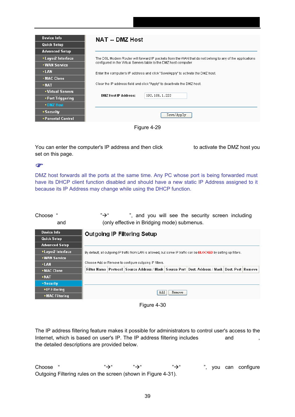 6 security, 1 ip filtering, Shown in figure 4-29 | TP-Link TD-W8970N User Manual | Page 46 / 116