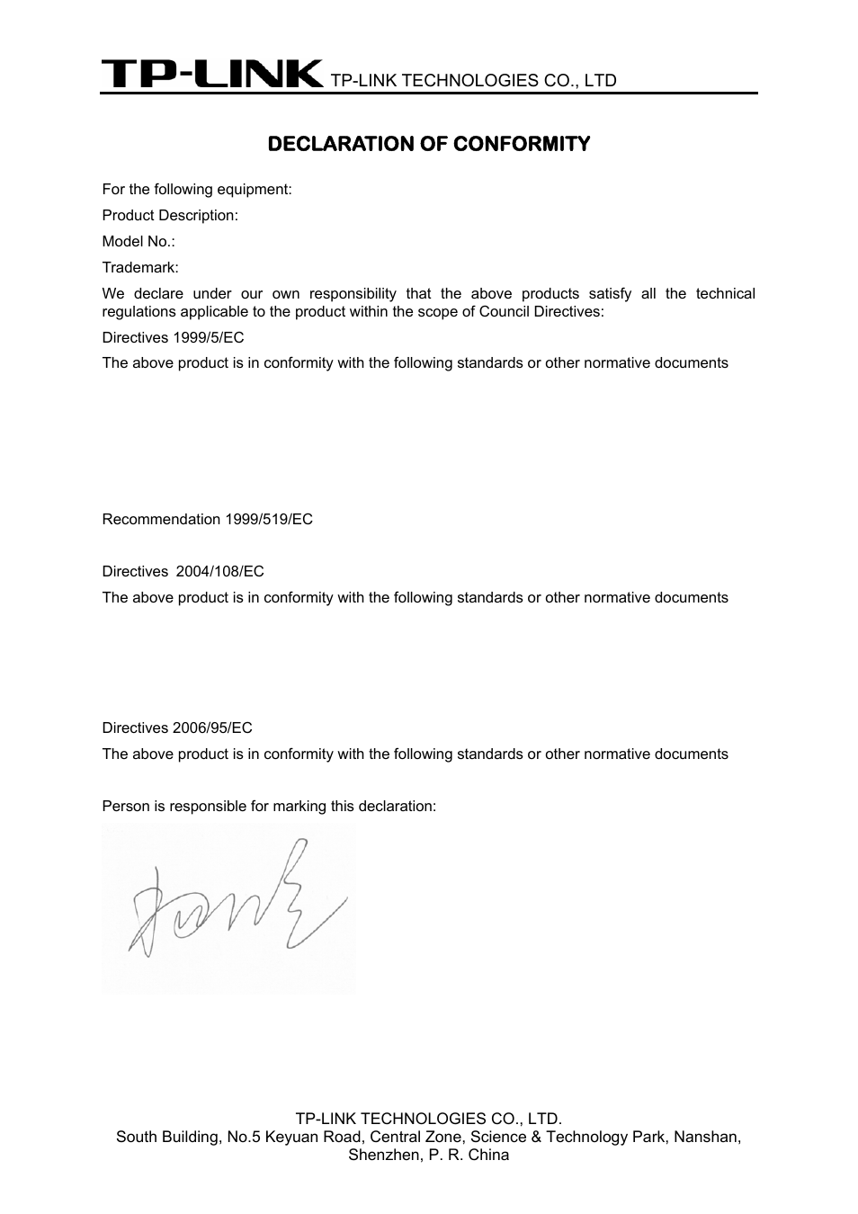 Declaration of conformity | TP-Link TD-W8970N User Manual | Page 5 / 116