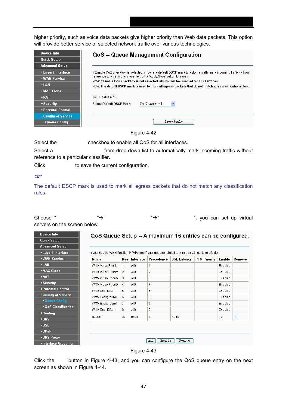 1 queue config, Figure 4-42. qos | TP-Link TD-W8970N User Manual | Page 54 / 116